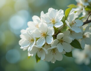 Fototapeta premium Close-up of white cherry blossoms with loads of petals and green leaves