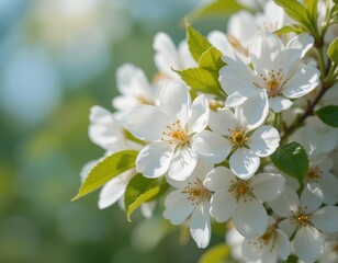 Fototapeta premium Close-up of white cherry blossoms with loads of petals and green leaves