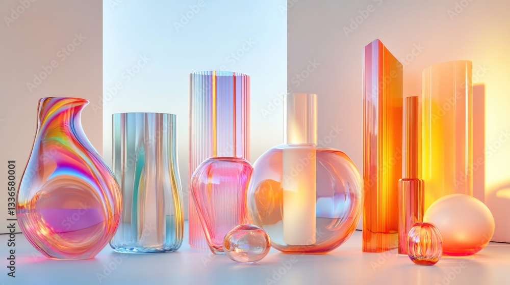 Aufkleber colorful glass objects arranged on a white surface, illuminated by soft light.
