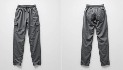 Grey athletic pants mockup, front and back view, gym wear product shot.