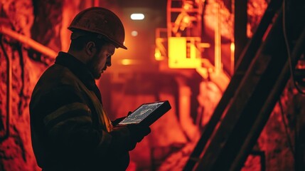 Industrial worker inspecting equipment using a thermal scanner in a factory setting