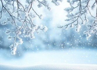 Snow falling on frozen branches in winter wonderland