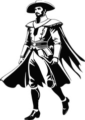 Black and White illustration of a Matador dressed in historical clothing walking confidently outdoors with a dramatic cape