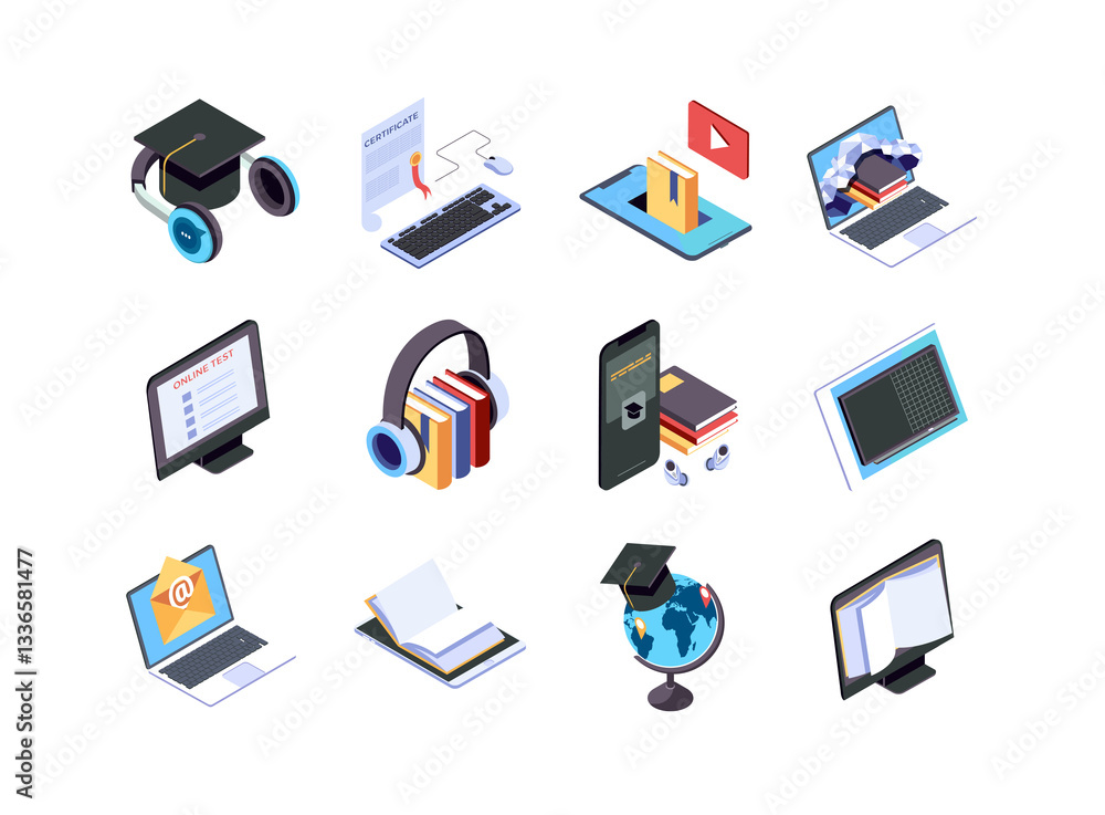 Aufkleber online education isometric icons set. school homework and university testing by email. distance educ