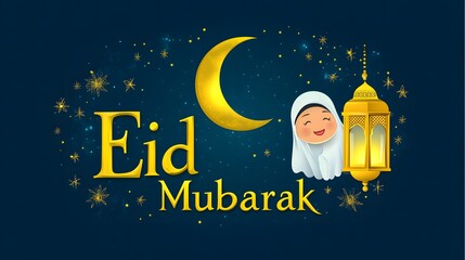 Naklejka premium Cute Eid Mubarak Vector Illustration: Moon, Stars, Golden Lantern, Smiling Girl in White Hijab and Gold Dress Holding Yellow Lamp on Dark Blue Background for Banner or Greeting Card Template
