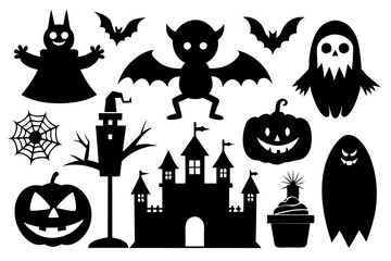 set of icons for halloween line art silhouette vector illustration