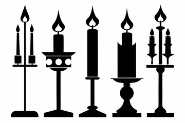 set of candlestick with candles line art silhouette vector illustration