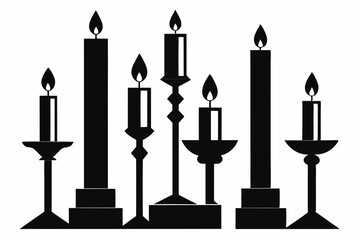 set of candlestick with candles line art silhouette vector illustration