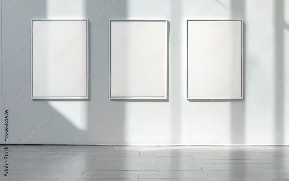 Poster three blank vertical frames hanging in gallery interior with sunlight and shadows