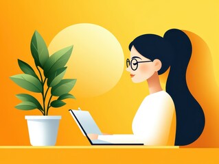 Woman in glasses writing on a clipboard beside a potted plant in a bright room