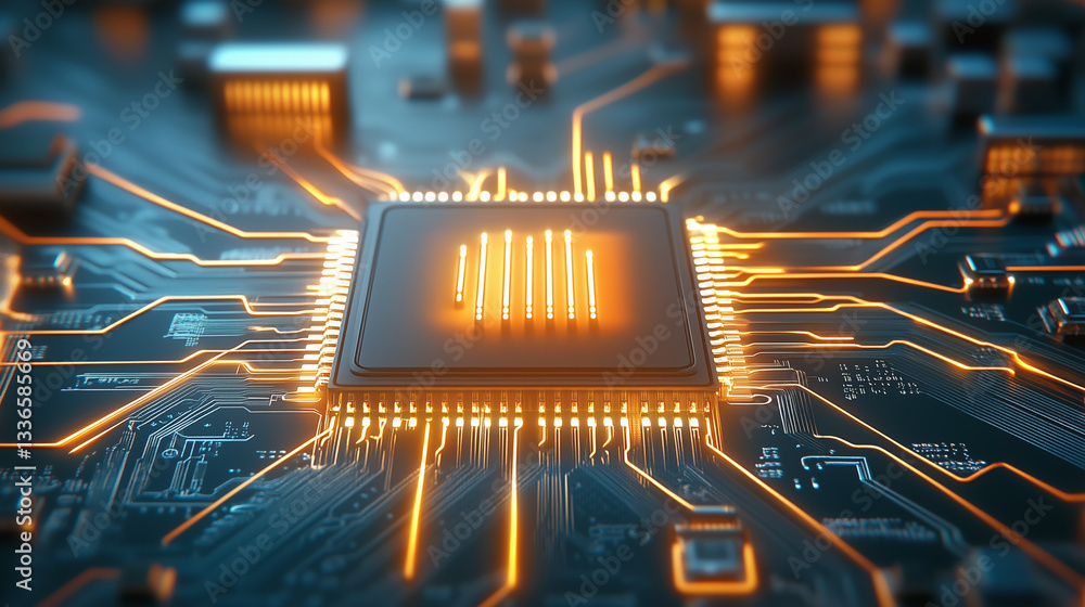 Poster a close-up view showcases a glowing microchip at the center of a complex circuit board