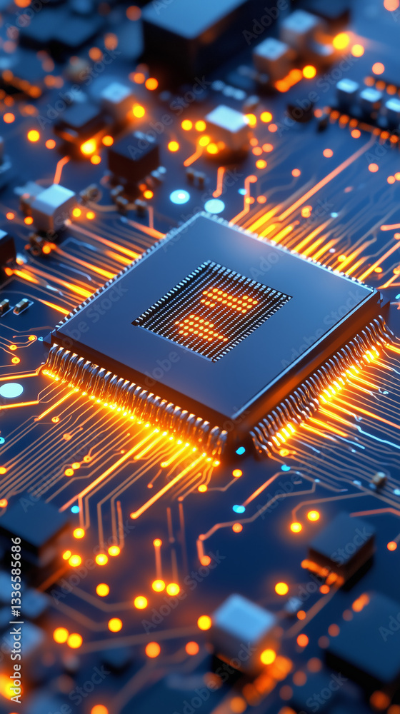 Poster a microchip is at the center of a complex circuit board with glowing orange lights radiating outward