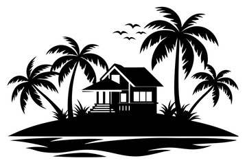 Obraz premium tropical island and beach house line art silhouette vector illustration
