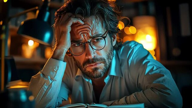 A man sits at a table and props his head up with his hand. The man is thinking about some work problem. The concept of solving a complex task.