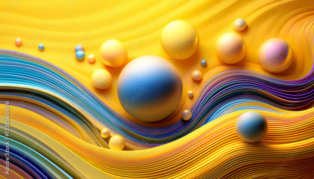 Poster a vibrant abstract composition with colorful paper waves and spheres. generative ai
