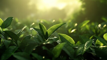 Fototapeta premium Fresh Green Tea Leaves in Sunlight - Natural Agriculture Background