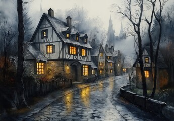 Obraz premium Old town with cobblestone street on a rainy winter day.
