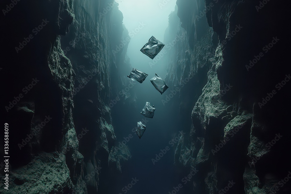 Poster underwater scene depicting floating objects in a deep canyon, with light filtering through