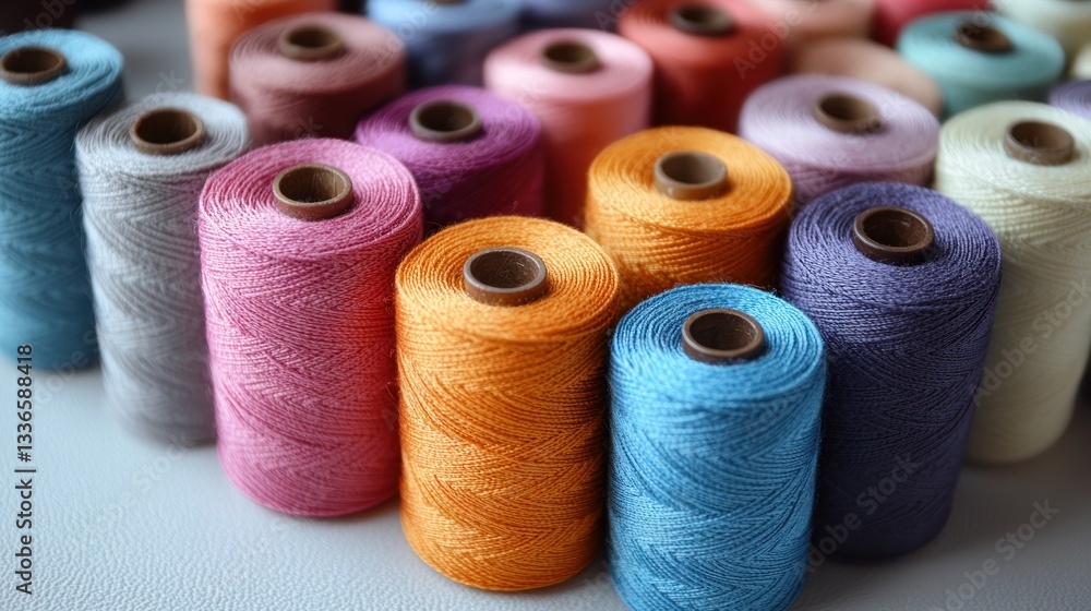 Poster colorful spools of thread arranged in a close-up shot, showcasing various shades and textures.