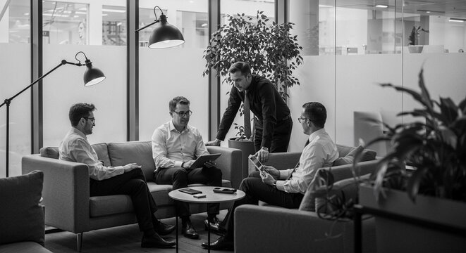 Group of busy happy diverse professional business team people working in office using digital tablet