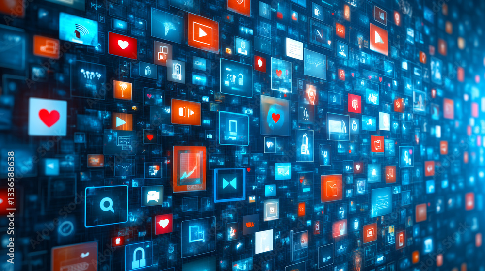 Poster a vibrant digital interface showcases a multitude of social media and application icons, featuring v
