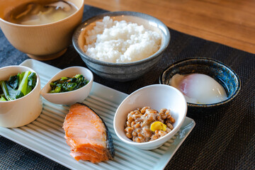 和食の朝食セットと食卓の風景