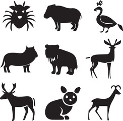 Wildlife animals vector set in natural habitat lion, tiger, elephant, zebra, giraffe, deer, bear, wolf, fox, monkey, leopard, eagle, owl, rhino, nature, safari, jungle, forest, exotic vector design 
