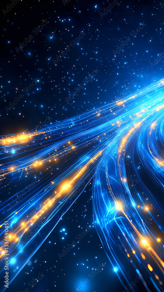 Poster bright electric blue and golden light trails swirl through a dark space filled with shimmering stars