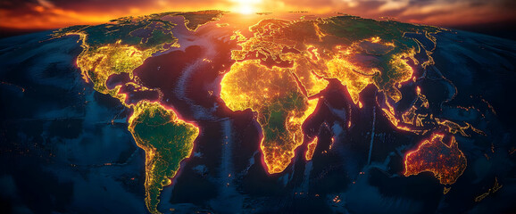 Fototapeta premium Global Connectivity: Sunrise Over Earth Illuminating Continents and Cities at Dawn - International Business and Travel