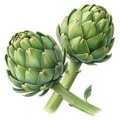 Obraz premium Two fresh green artichokes with layered leaves and thick stems, isolated on transparent background. 