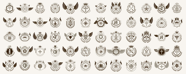 Heraldic Coat of Arms vector big set, vintage antique heraldic badges and awards collection, symbols in classic style design elements, family or business logos.