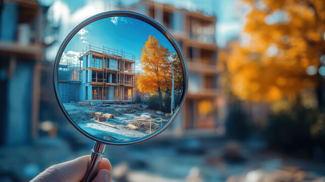magnifying glass focuses on construction site surrounded by autumn foliage, highlighting details of building process. vibrant colors of trees contrast with structure, creating captivating scene
