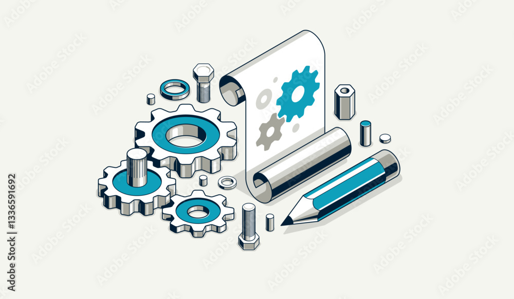 Poster mechanical engineering project in embodiment implementation concept, engine draft plan drawing and w