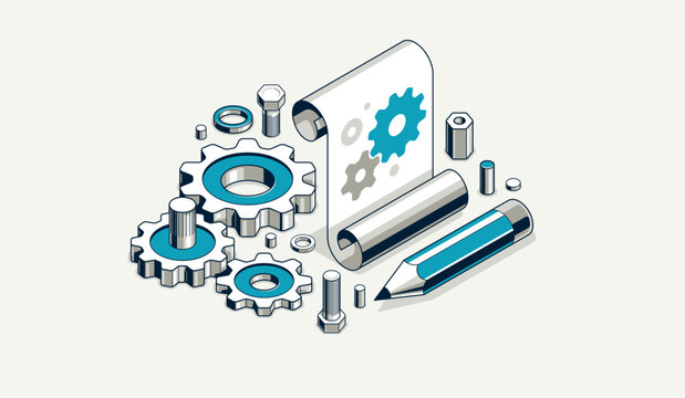 Mechanical engineering project in embodiment implementation concept, engine draft plan drawing and work process, paper sheet with gears and pencil 3D isometric vector illustration, repair tutorial.