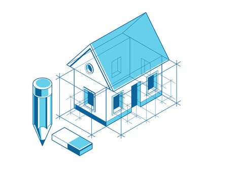 House project implementation embodiment concept, 3D isometric vector illustration of a small house building project, construction architectural model, idea in progress.