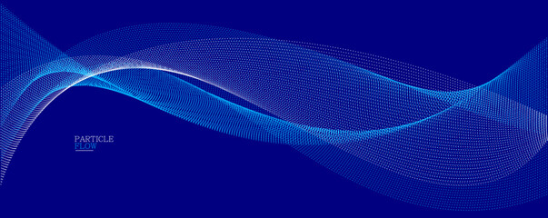 Blue dots in motion dark vector abstract background, particles array wavy flow, curve lines of points in movement, technology and science illustration.