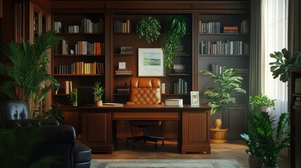 Luxurious, home office, plants, sunlight, work station, bookshelves, vintage decor, ideal for productivity