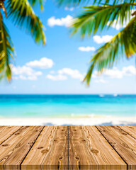 Fototapeta premium Tropical Beach Scene with Palm Trees and Wooden Deck, Backdrop for product display