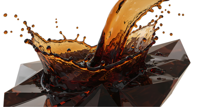 cascading liquid brown soda or tea splash frozen in an abstract futuristic 3d texture,nature, light, motion, drink, wave isolated on a transparent background, generative ai
