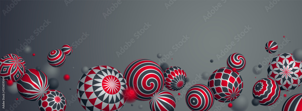 Poster abstract spheres vector background, composition of flying balls decorated with patterns, 3d mixed va