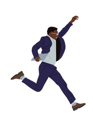 Young businessman jumping for joy, celebrating success, winning. Excited man in formal gray suit and tie. Handsome male character Vector realistic illustration isolated on white background.