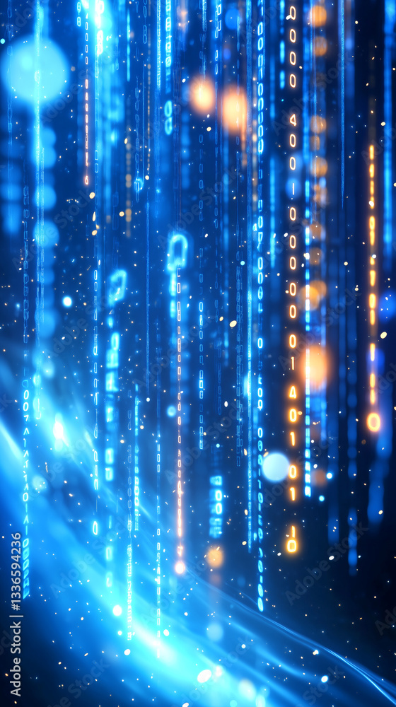 Poster visually stunning display of flowing data represented by vertical streams of glowing blue and orange