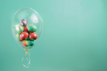 Colorful Easter eggs floating inside a balloon against a pastel green background, blending spring charm with Easter magic and a festive party vibe.