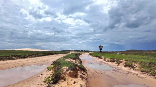 Buggy tour on the Avenida Beira Mar beach road at Jericoacoara in Brazil. Dunes of Ceara