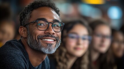 Fototapeta premium Smiling Man with Glasses in a Crowd