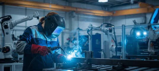 Welder in protective gear working on metal parts in modern factory with robotic arms. Skilled labor and automation in advanced manufacturing. Industry 4.0 concept.