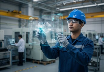 Asian engineer using futuristic holographic interface in modern factory. Man analyzing 3D model and data on transparent screen. Industry 4.0 concept