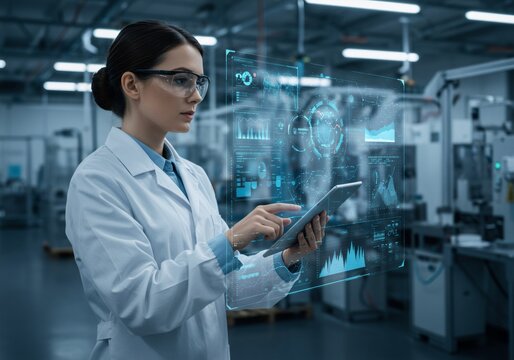 Woman engineer using tablet with futuristic holographic interface in modern factory. Data analysis and production optimization for Industry 4.0