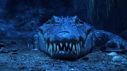 Obraz premium Close-Up of a Crocodile in a Mysterious Blue Habitat Environment