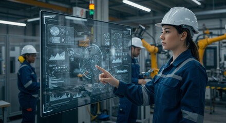 Woman engineer using futuristic transparent display to monitor factory data. Smart manufacturing facility with robotic arms. Industry 4.0 concept.
